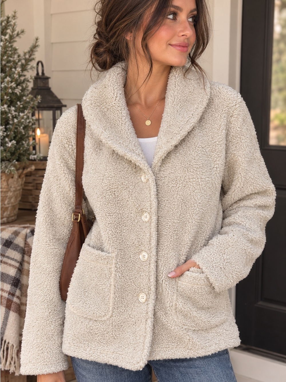 WinterSilks Cream Beige Sherpa Teddy Bear Coat Jacket Shawl Collar